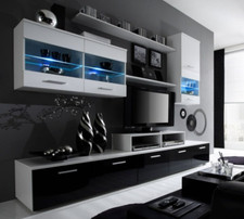 Moderne Wohnwand BETA I Wohnzimmer Schrankwand Hochglanz LED Glas Anbauwand ! 