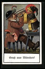 Künstler-AK Max Luber: Münchener Oktoberfest, Münchner Kindl gibt einem Mann ei 