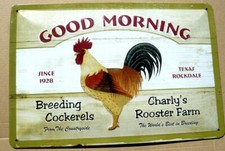 Blechschild  RETRO   Charly"s ROOSTER FARM Amerikanische Zuchthähne    R 8.89-3P