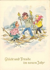 Frohes Neujahr, Kinder auf Ski, DDR Künstlerpostkarte, Planet-Verlag Reichenbach