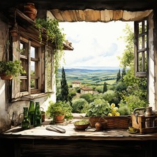 Deko Bild Toskana Fenster mit Kräutern Mediterran Wandbild Landschaft Dekofliese