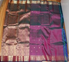 Sari m.Brokat lila grün gold  Seide 6m BOLLYWOOD INDIEN STOFF SAREE KLEID