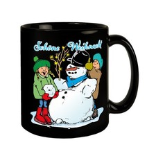 Schneemann Tasse in Schwarz mit Spruch: Schöne Weihnacht