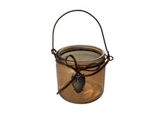 Getöntes Windlichtglas Eule Lederband Teelichthalter H 6,7cm Henkel Kerzenhalter
