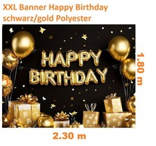 XXL Party Banner Schwarz/Gold  230 x 180 cm "Happy Birthday" Geburtstag Deko