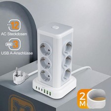 Mehrfachsteckdose Steckdosenleiste 12 Fach mit 3 USB-A 3 USB-C Steckdosenturm 2M