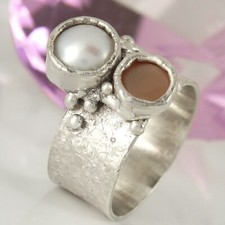 Ring Handarbeit 925 Sterlingsilber  1 Süßwasser Zuchtperle 1 Opal  Gr. 56