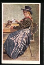 Ansichtskarte Tirol, Lechtalerin in Tracht bei Kaffee und Kuchen 