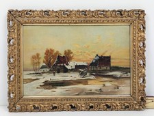 Antik Ölgemälde Gehöft m Frau stimmungsvoll Winter-landschaft feiner Gold-Rahmen