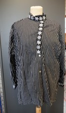 Streifen Bluse mit Stehkragen Hemdbluse mit Bindegürtel Bügelfrei Stickereiborte