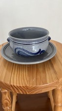 6 Suppentassen mit Teller, Westerwälder Keramik Salzglasur  Grau/Blau, wie neu