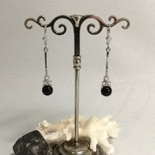 Jugendstil Onyx Schmuck Perle Ohrringe Vintage Retro Silber 925/- rhodiniert