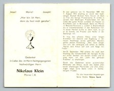 Sterbebild Pfarrer Klein 1962 Trier Bremm Mosel Rhaunen Kirn Reimsbach 
