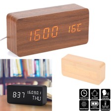 Holz LED Digital Wecker Tischuhr Uhr Kabellos Thermometer Kalender Alarm Snooze