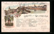 Lithographie Duisburg, Flusspartie, Burgplatz mit Merkator-Denkmal, Kriegerdenk 