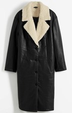 Damen Wattierter Lederimitat-Mantel mit Teddyfell am Kragen Gr. 44 Schwarz Neu