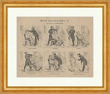 Beim Haarkünstler II. Berufe Friseur Haare Männer Mode Holzstich E 16824 Gerahmt