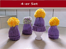4 Eierwärmer mit Bommel Eiermützen gestrickte handgefertigt Lila