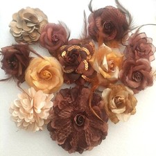 12x HAARBLUME Brosche Ansteckblume Haarspange Krokodil-Klammern Braun Ø 6-11 cm