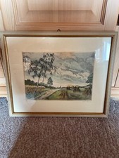 Originalradierung: Weg mit Baum und Strohballen, Maler: H. Klein