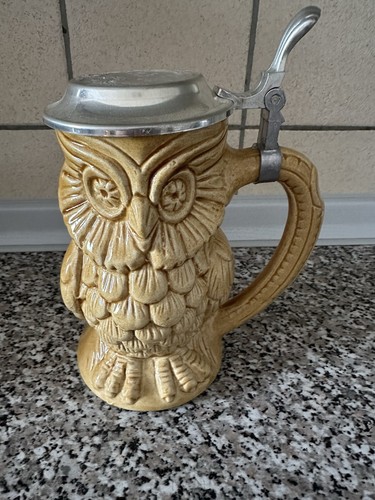 Bierkrug eule mit zinndeckel - bierkrug,