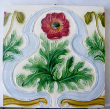 Jugendstilfliese, rote Blume, Löwenzahnblätter, tegel, careau, Kachel, Orig.,
