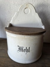 Wandtopf Keramik mit Holzdeckel Mehlbehälter Vintage Craquelé-Glasur