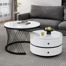 Couchtisch 2er Set Rund Beistelltisch mit Schublade Metallrahmen Wohnzimmertisch