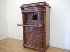 Gründerzeit Sekretär Nussbaum Wurzelholz mit Vollsäulen und Bockfräse um 1890