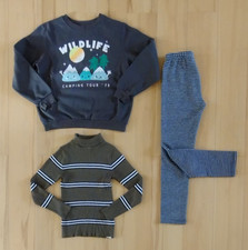 3 Teile in Größe 134-140, Sweatshirts+ Rippstrickpulli +Thermoleggings, grau-oli