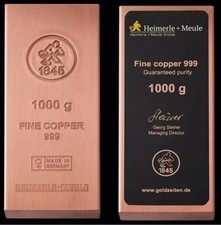 Heimerle+Meule 1KG Kupfer Barren 999 Finekupfer Anlage Kupfer. Mit Zertifikat