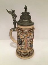 Alter Keramik Relief Bierkrug m. Zinndeckel 0,5l Adler Bodenmarke Deutsches Reic