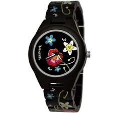 Holzwerk FLOWER Damen Holz Uhr mit Blumen Muster in schwarz, bunt