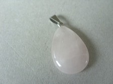 Rosenquarz Tropfen Kettenanhänger  flach mit Edelstahl Öse 30 mm
