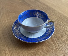 Wolfram Wiesau Mokkatasse & Untertasse Blau Weiß Gold Blumen 50er Vintage Top