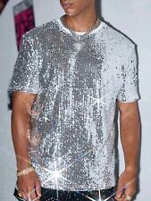 Herrenshirt T-Shirt Shirt Top Transparent Kurzarm Netz Glitzer Strass S-XXL