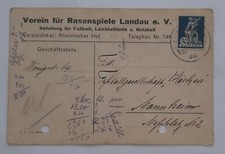 DR Mi Nr. 123, eF Firmen Karte Verein für Rasenspiele Landau, abt. Fußball. 1920