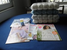 Wollpaket MyBoshi 1, 4x10x50g  weiß h´grau h´blau,  Buch, Häkel- und Stricknadel
