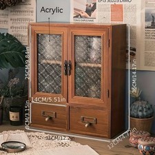 Vitrine Mini Holz Schubladen Glastüren Schränkchen Regal Sammlerregal Vintage