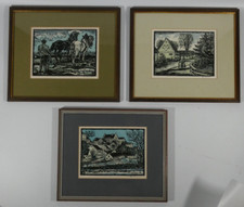 3x Richard Huber Farbholzschnitt Dachau signiert Dachau Pferdegespann Dachauer