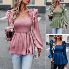 Damen Rüschen Saum Bluse Top Lang Ärmel Gesmokt Elastisch Quadrat Hals Mode