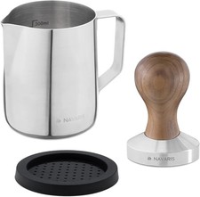 Kaffee Tamper Set - Milchkännchen und Edelstahl Espressopresse mit Walnuss Hand