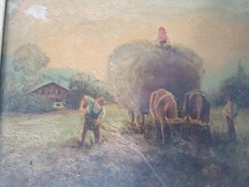 altes Gemälde Öl auf Hartfaserplatte „Heuernte“ 30 cm x 24 cm signiert