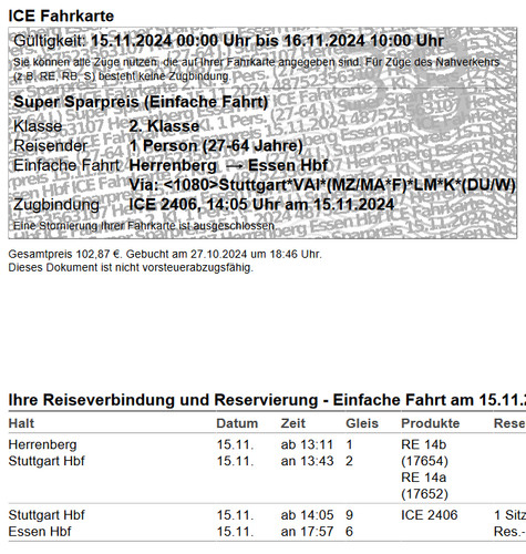Ice bahnticket stuttgart essen - ice,