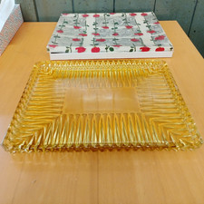 Kuchenplatte Stollenplatte Servierplatte Glas rechteckig gelb Vintage