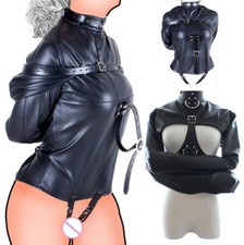 Schwarz PU Leder Zwangsjacke Armbinder Bondage Body Harness DE Fesseln Kostüm DE