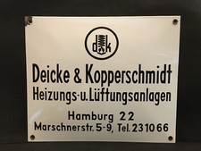 altes Emaille-Schild – Deicke & Kopperschmidt Heizungs-u. Lüftungsanl. - Hamburg