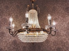 antik 15 Fl Kronleuchter Deckenlampe Korblüster Bronze Kristall Messing  ca.1920