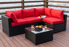 5tlg. Polyrattan Gartenlounge Sofa Garnitur Sitzgruppe Gartenmöbel Blau/Rot 465