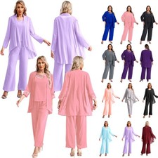 DE Damen Chiffon Hosenanzug Hochzeit Brautmutter Outfit Cardigan Top Shirt Hose